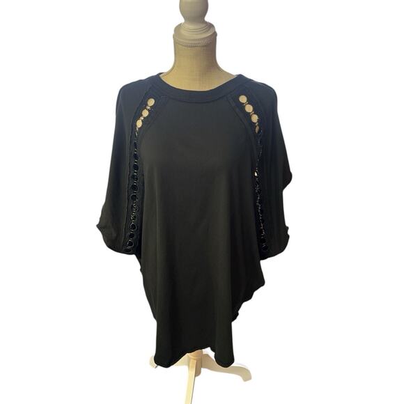 Free People Rough Around The Edge Top Black Dolman Sleeves Crochet Grommet Large - Picture 4 of 12